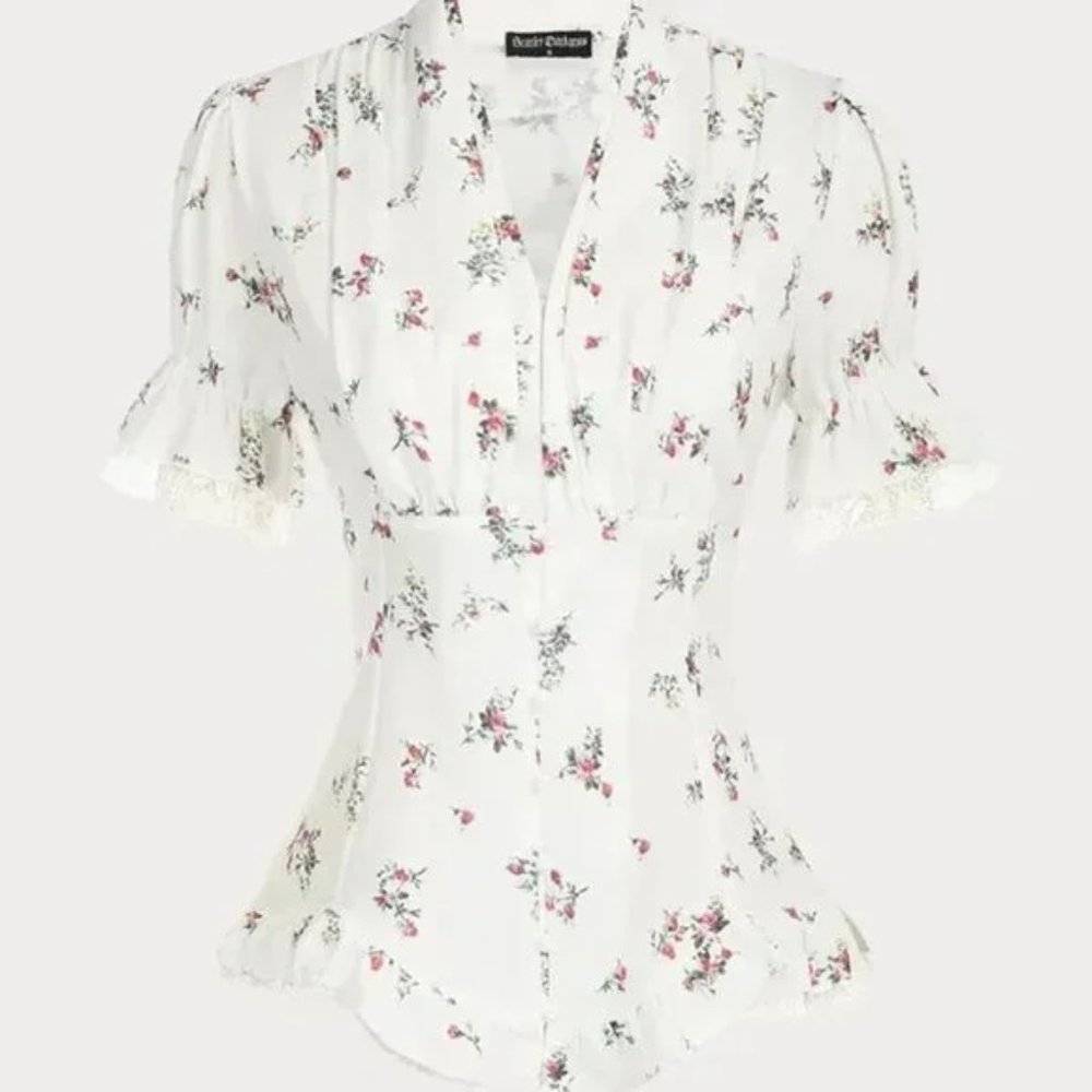 Scarlet Darkness White Floral Victorian Printed Pleated Shirt Lace Up